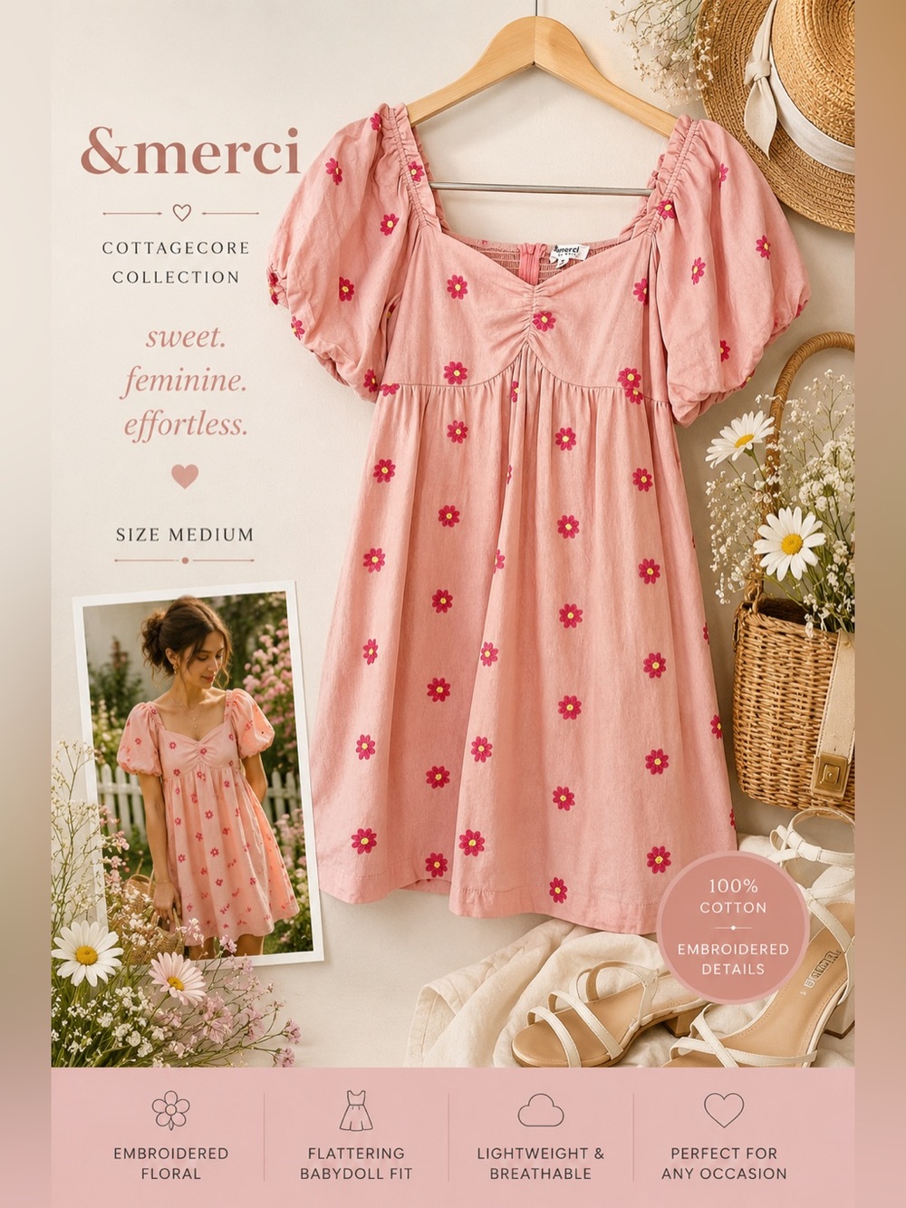 &merci Pink Embroidered Daisy Mini Dress Puff Sleeve Cottagecore Babydoll Medium